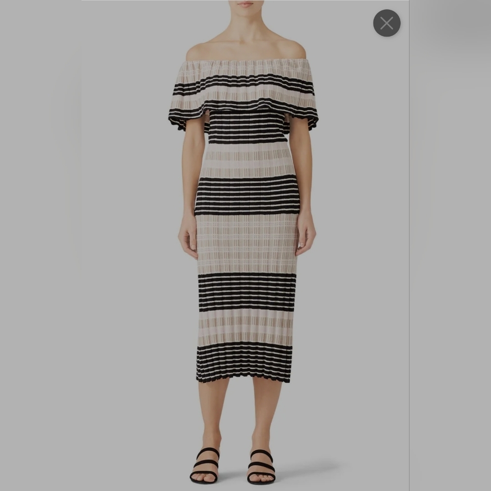 Free People Off-the-Shoulder Striped Knit Midi Dress | L | Black Beige Cotton